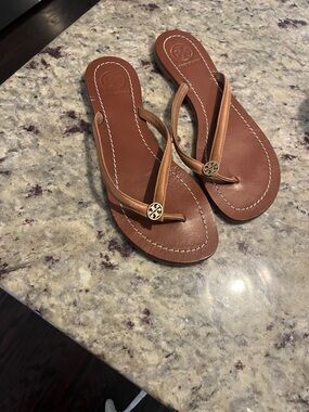 Tory Burch Brown Leather Logo Thong Sandals